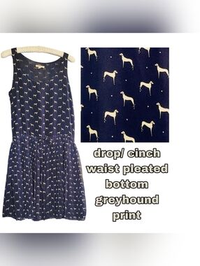 Vintage Navy Blue & Tan Greyhound Print Midi Dress Cinch Waist & Pleated Bottom
